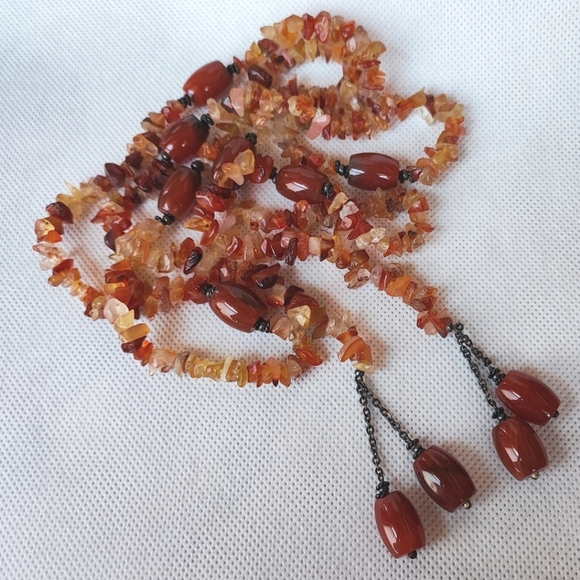 Carnelian Amber Tumbled Rocks Chip Stones Long Semi Precious Lariat Necklace NEW - Picture 1 of 9